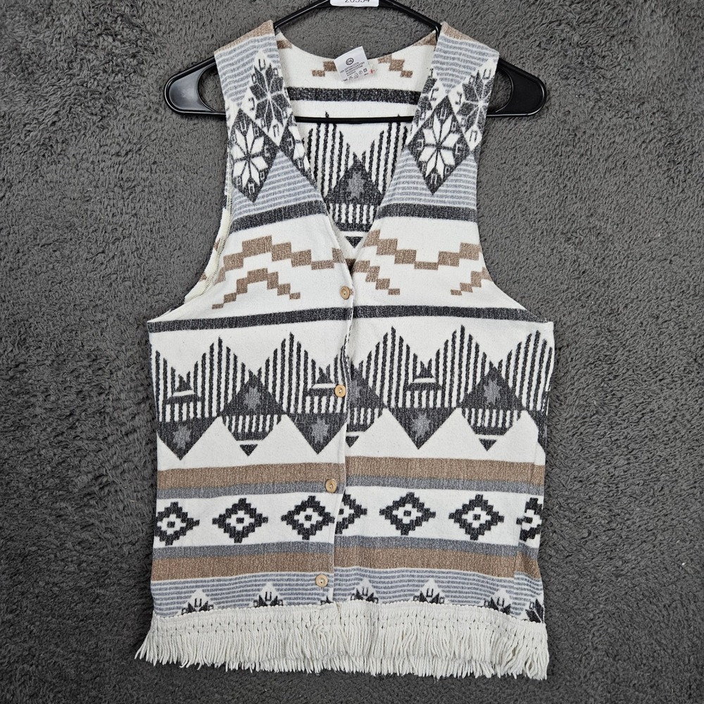 Clock House Womens L Aztec Geometric Fringe Button Front Cotton Vest White Grey